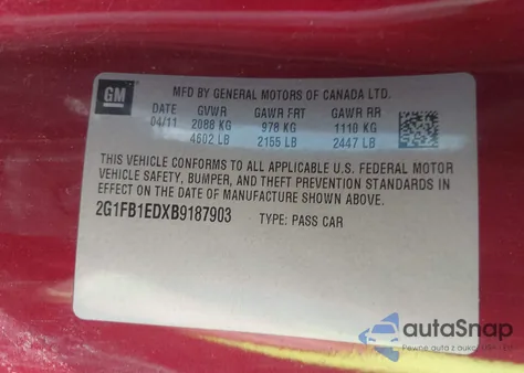 2011 Chevrolet Camaro 1Lt z USA, uszkodzony, nr VIN 2G1FB1EDXB9187903